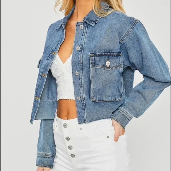 Denim Jacket Cropped Cargo Pocket Raw Hem Blue Distressed Light Blue Jean Denim - Picture 6 of 10